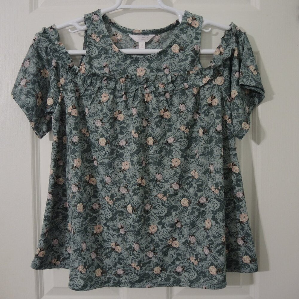 4/$25 Lauren Conrad Cold Shoulder Blouse Sage Green Floral Semi Sheer Top Sz M